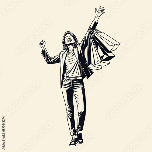 Woman Celebrating Shopping Success with Bags.