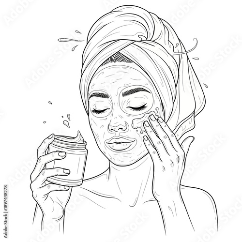 Woman Applying Facial Mask for Skincare Routine.