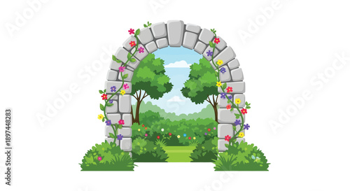 A pixel art stone archway decorated with flowers overlooks a lush garden