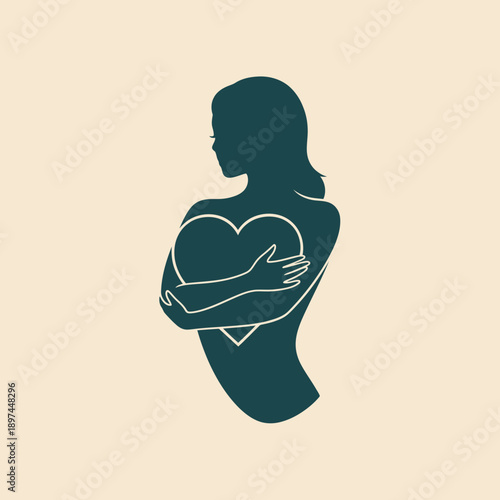 Woman Embracing Heart SelfLove and Care Concept.