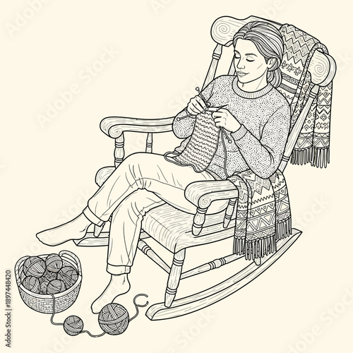 Woman knitting in a rocking chair with yarn and needles.
