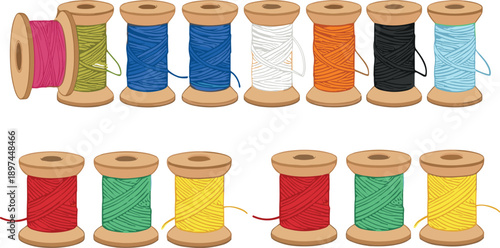 Colorful sewing thread spools collection arranged in rows in flat vector style isolated on white background for craft and textile design