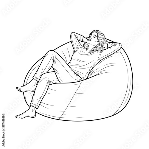 Woman Relaxing in a Beanbag Chair Serene Leisure and Comfort.