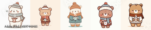 cute winter bear vector drinking coffee