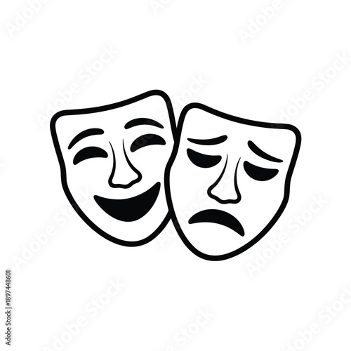 Black and white illustration of two theatrical masks comedy and tragedy