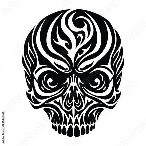 Ornate black and white skull illustration with intricate patterns