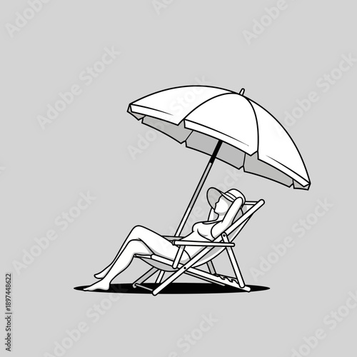 Woman relaxing on a beach chair under an umbrella.