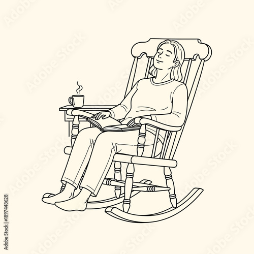 Woman relaxing in rocking chair with book and coffee.