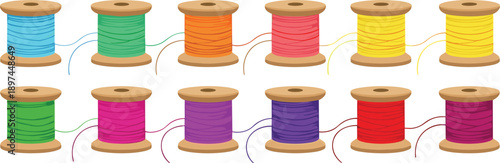 Colorful sewing thread spools collection in flat vector style isolated on white background for craft and textile design