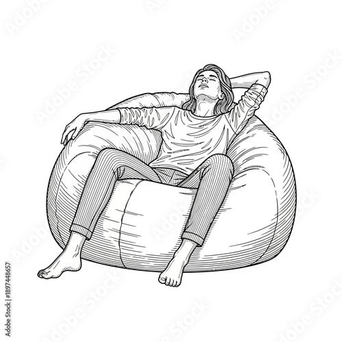 Woman relaxing on a beanbag chair in a comfortable pose.
