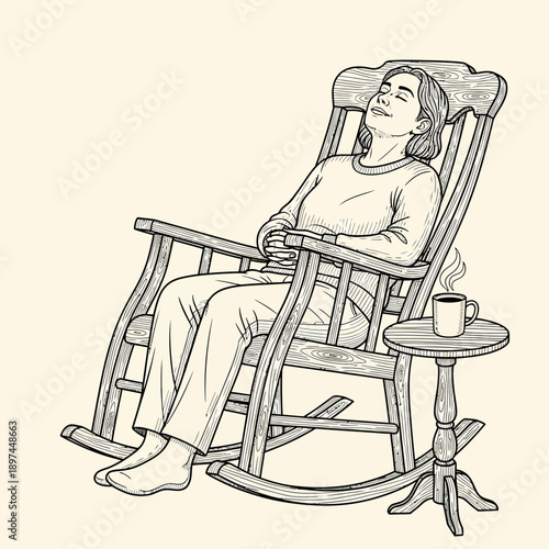Woman relaxing in rocking chair with coffee.