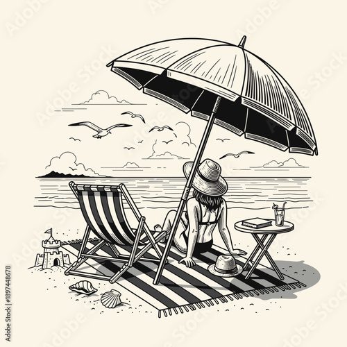 Woman relaxing under umbrella on beach in summer.