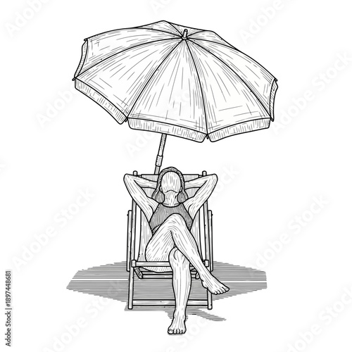 Woman relaxing under a beach umbrella on a sunny day.