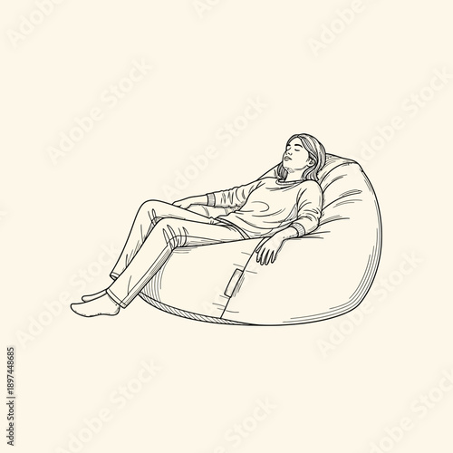 Woman relaxing on a beanbag chair in a sketch.
