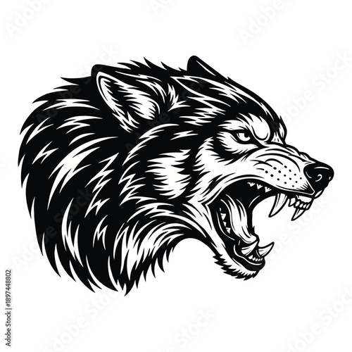 Fierce black and white wolf head with open mouth and sharp fangs