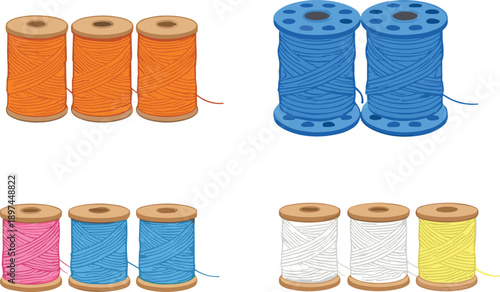 Colorful sewing thread spools set with different colors in flat vector style isolated on white background for craft and textile design