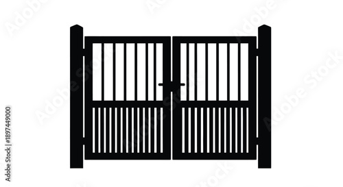 Black and white illustration of a symmetrical wrought iron gate