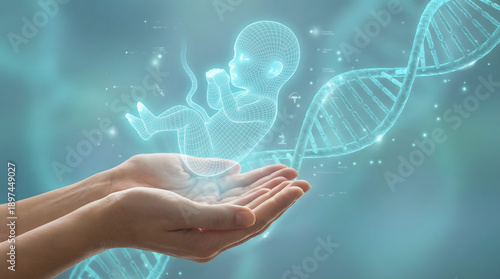 Human hands gently support a glowing wireframe digital fetus with a luminous DNA double helix in a bright blue futuristic scientific environment