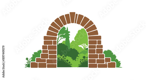 A brick archway frames a lush green landscape with trees and foliage