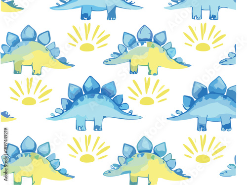 Cute blue and yellow stegosaurus seamless pattern with cartoon dinosaurs and sunshine elements in flat vector style for kids background