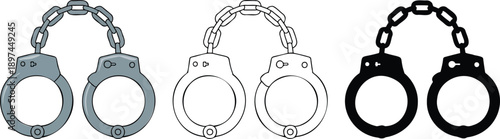 Metal handcuff silhouette & Outline and illustration set isolated on transparent background