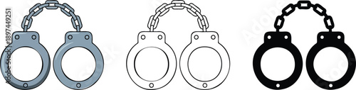 Metal handcuff silhouette & Outline and illustration set isolated on transparent background