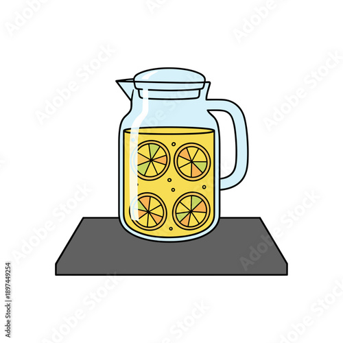 Glass pitcher of fresh lemonade with lemon slices on table isolated on white background, concept of summer refreshment