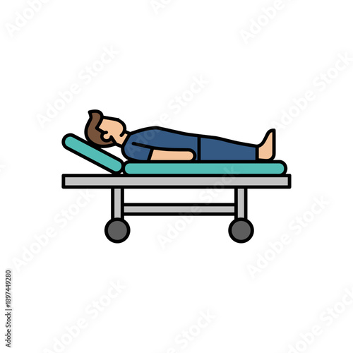 Patient lying on hospital gurney isolated on white background, concept of emergency medical care