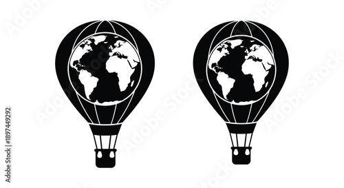 Two black and white hot air balloons displaying a world map design