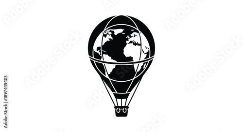 Black and white illustration of a hot air balloon containing a world map