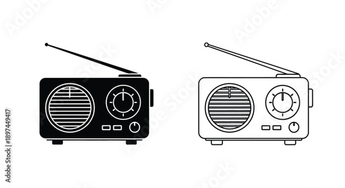 Two vintage transistor radios in black and white line art style