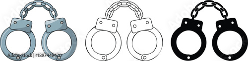 Metal handcuff silhouette & Outline and illustration set isolated on transparent background