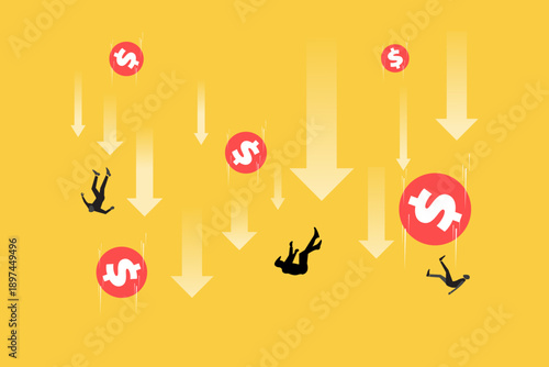 Businessman falling down with dollar. symbol of the financial market and stocks, crisis, the collapse of the exchange rate and money loss