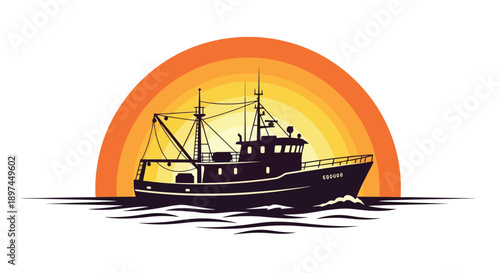 Silhouette of a fishing boat against a vibrant orange and yellow sunset