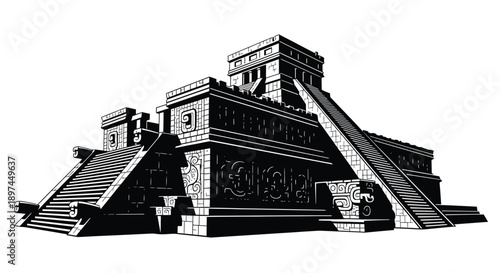 Detailed black and white illustration of a mayan or aztec pyramid structure