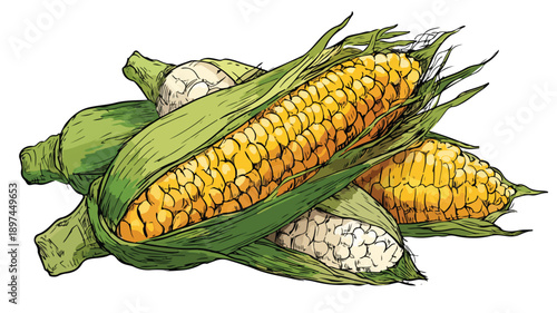 Colorful Cartoon Style Corn Vector Illustration with Outline for Designs