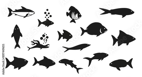Fish silhouettes set. Sea life vector icons.