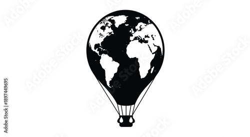 A black and white illustration of earth shaped like a hot air balloon