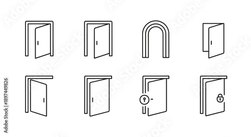 Door icons set. Open and closed doors symbols