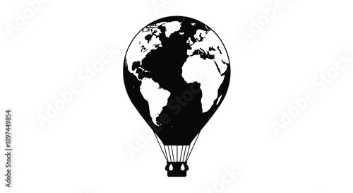 A black and white illustration of earth as a hot air balloon
