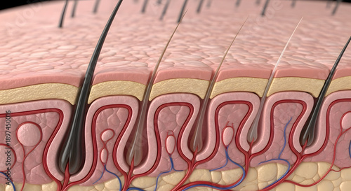 Detailed cross-section of human skin showing hair follicles and blood vessels