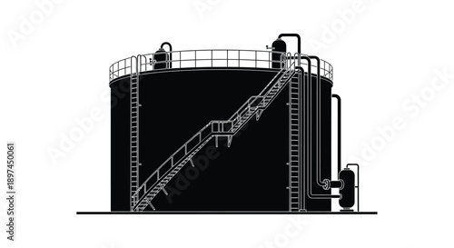A black and white illustration of an industrial storage tank with a staircase