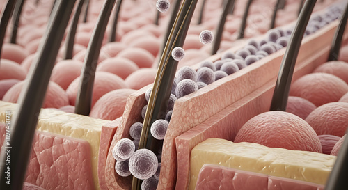 Skin anatomy with hair follicles and sebaceous glands