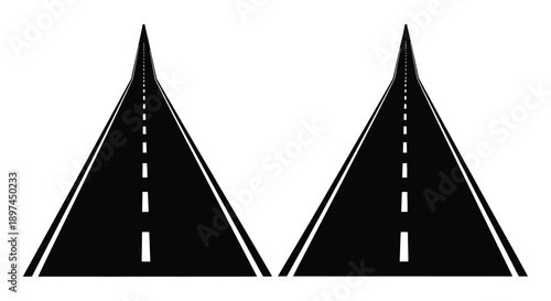 Two converging black roads with dashed white lane markings on a white background
