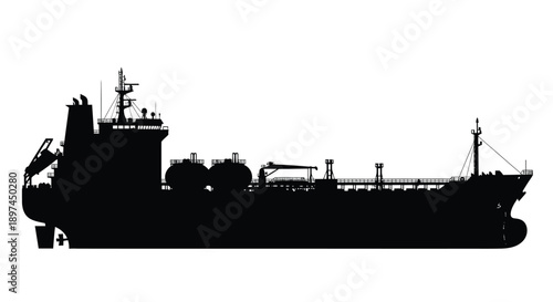 Silhouette of a large cargo ship against a white background