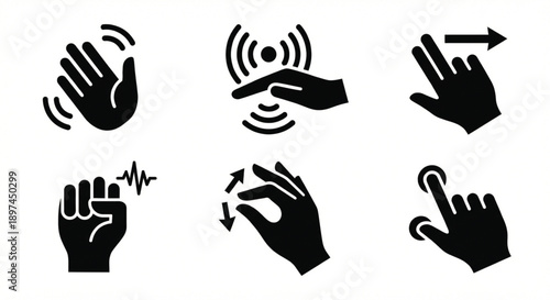 Set of black icons illustrating various hand gestures for touch screen and sensor interaction