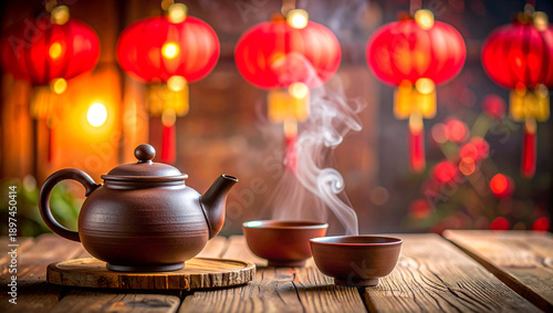 Wallpaper Mural Teapot and cups with traditional red lantern festival background Torontodigital.ca