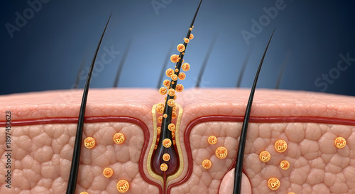 Close-up of scalp with hair follicles and DHT molecules