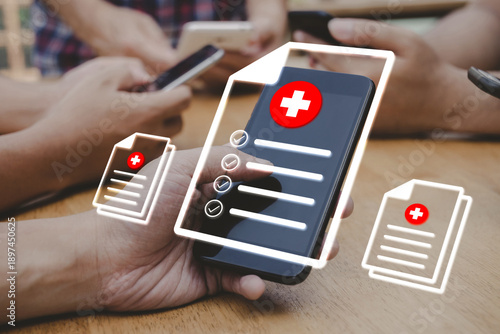 Medical Technology. patient check virtual digital health document report diagram on mobile smartphone, medical data access, healthcare research management, medical and health care technology concept