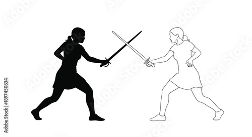 Two figures engaged in a fencing duel one solid silhouette one outline